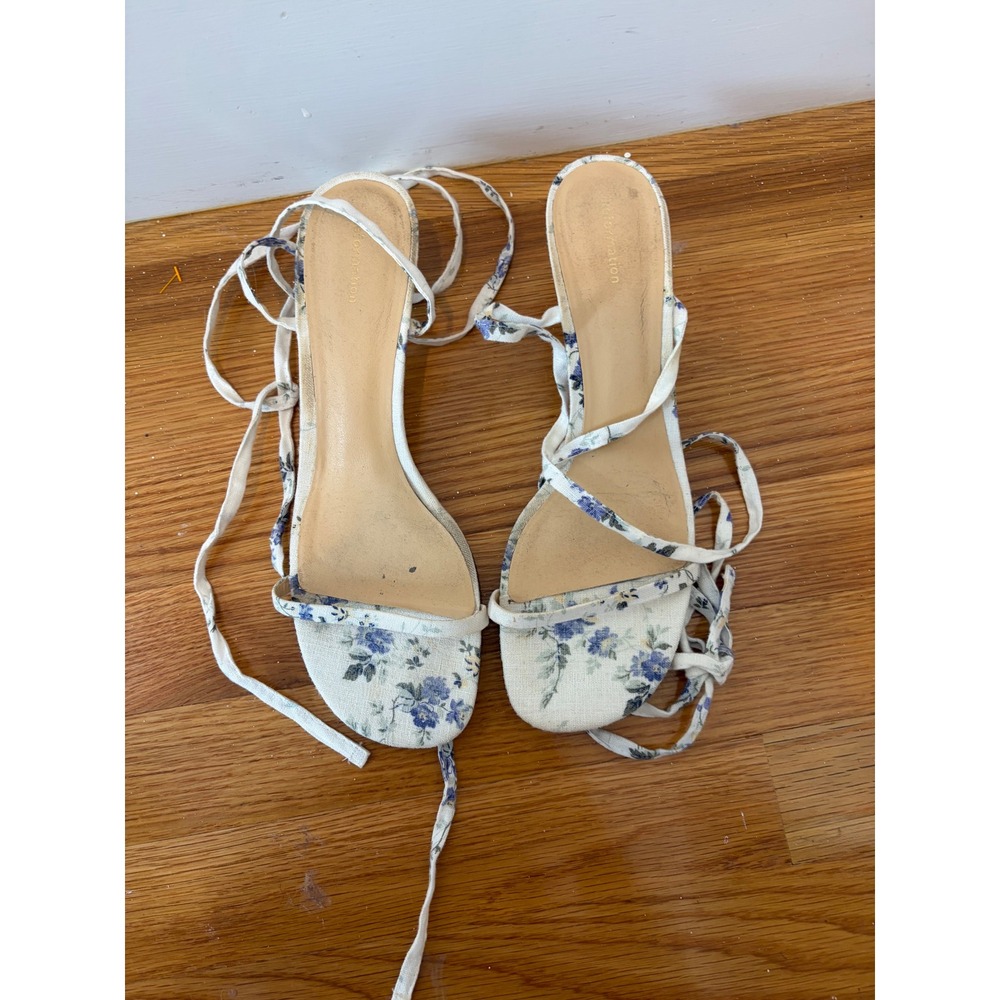 Reformation Blue White Floral Lace Up Kitten Heel Sandals Square Toe Size 9.5